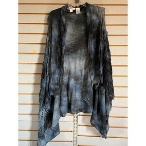 Kamana Kimono Duster One Size Black Blue Tie‎ Dye Fringe Open Front Sleeveless